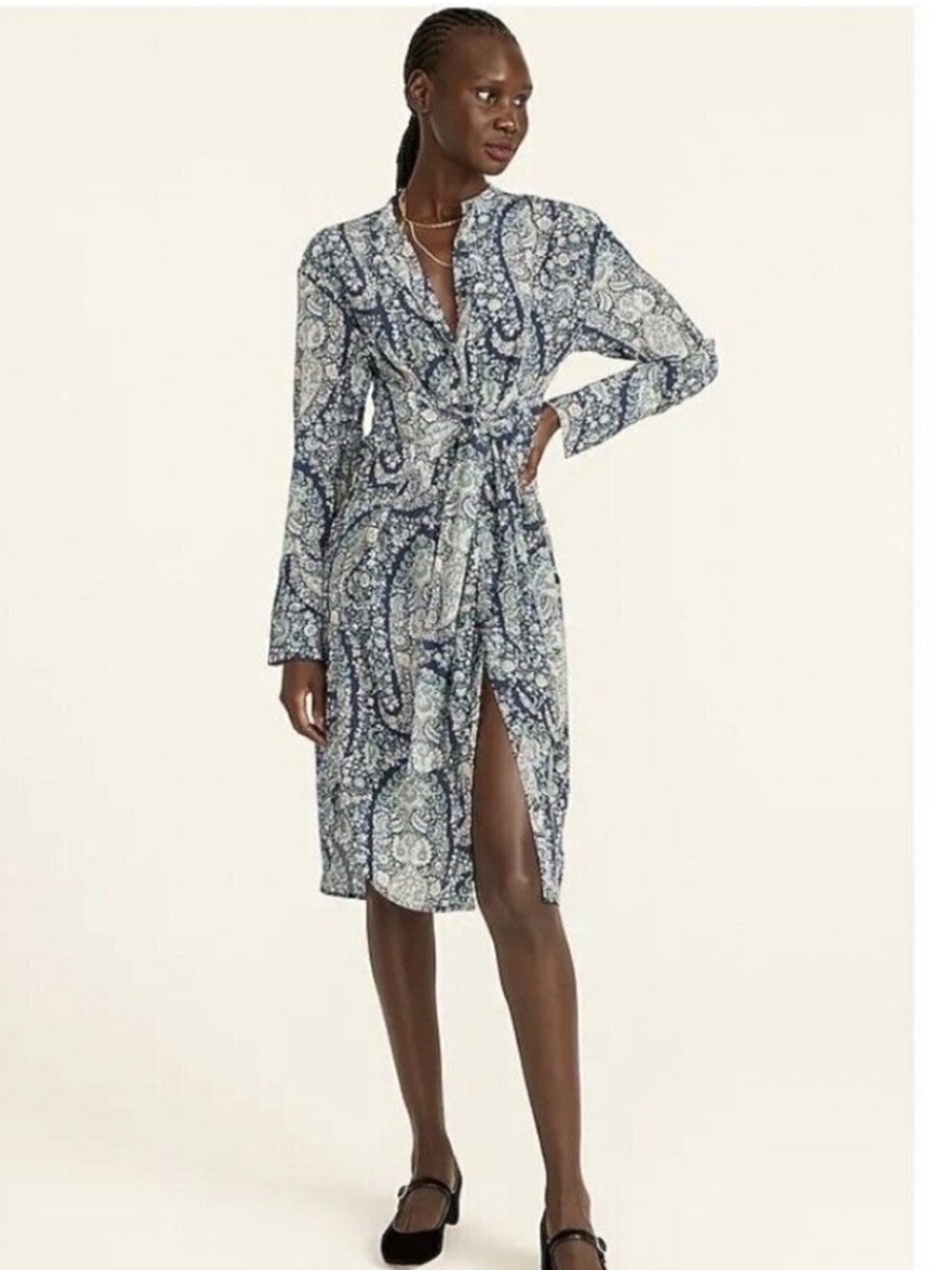 NWT J.Crew tie-front silk shirt-dress blue paisley print. Size 6.